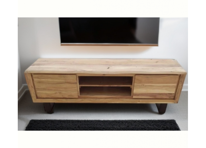 Wooden TV Unit Made with Solid Acacia Wood, Featuring Curved Edge Design and Metal Legs - Eden